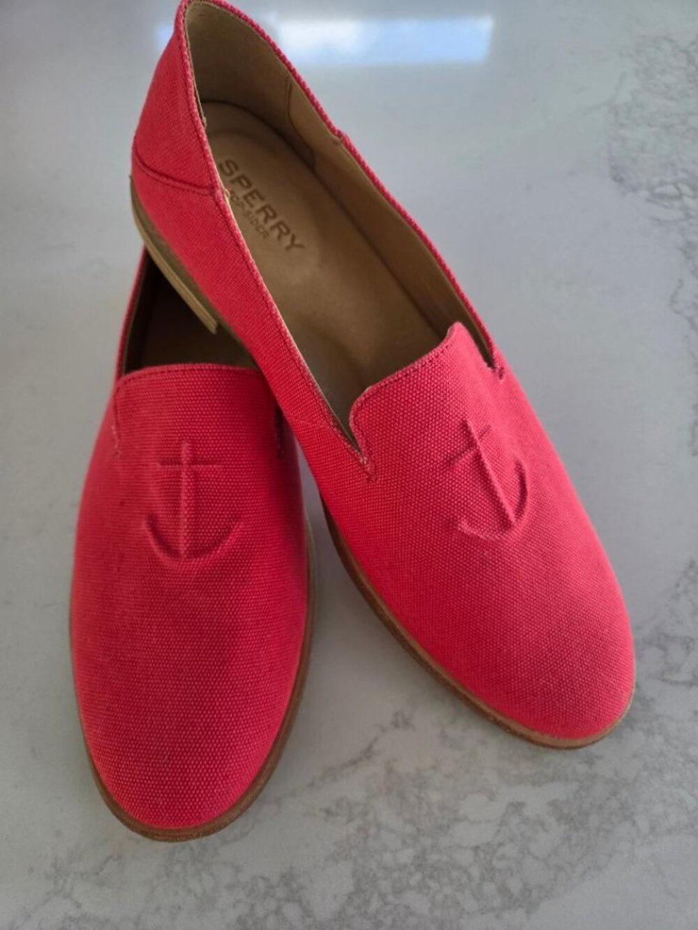 Sperry Red Seaport Canvas Slip On Loafer   9-9.5